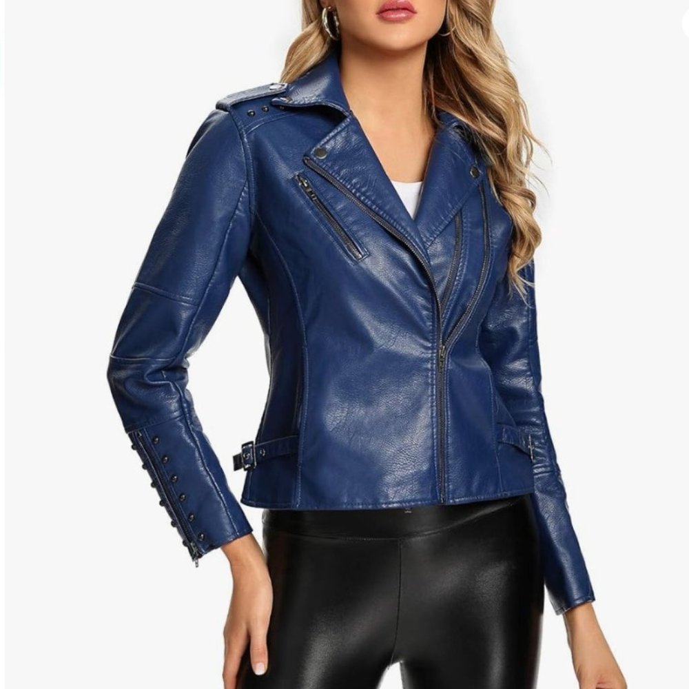 Blue Vegan Moto Biker Leather Jacket